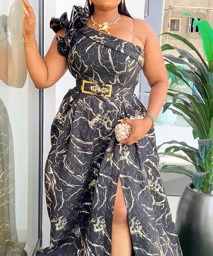 One Shoulder Brocade A-Line Gown with 3D Flower  - Wedding Guest Dress Mother of The Bride Photoshoot