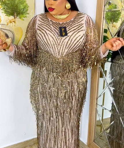 Fancy Fringe Crystal-Embellished Maxi Dress