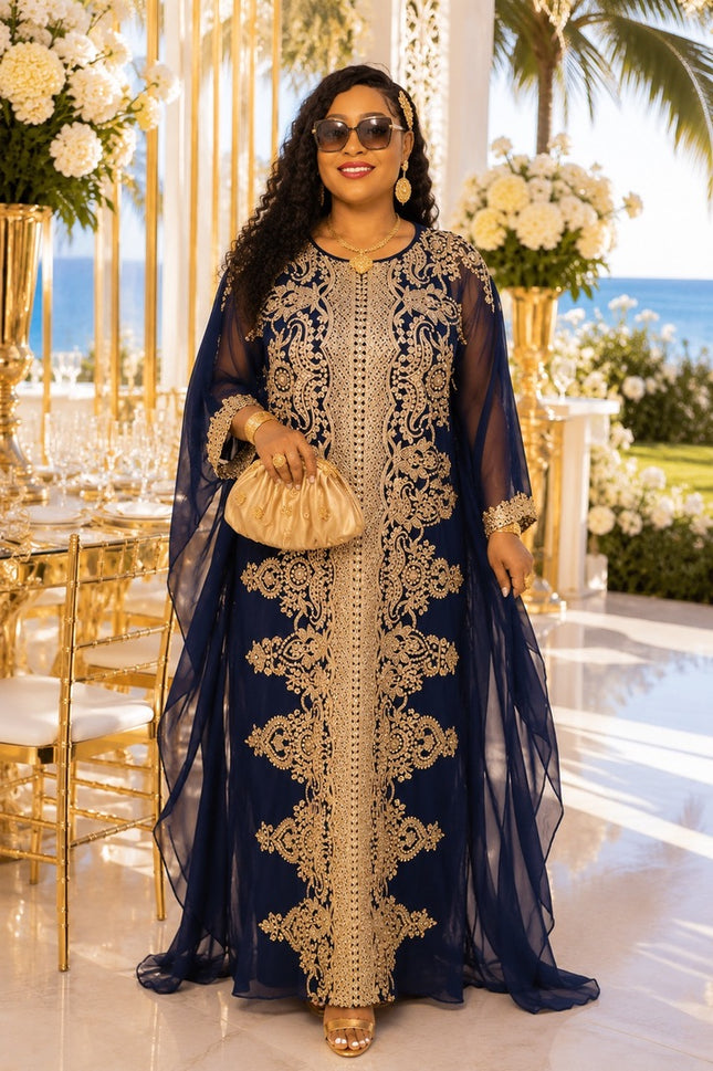 Navy Embroidered Kaftan Maxi Dress African Bubu Wedding Guest Attire Mother of The Bride Party Reception Formal Evening Gown