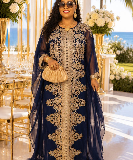 Navy Embroidered Kaftan Maxi Dress African Bubu Wedding Guest Attire Mother of The Bride Party Reception Formal Evening Gown