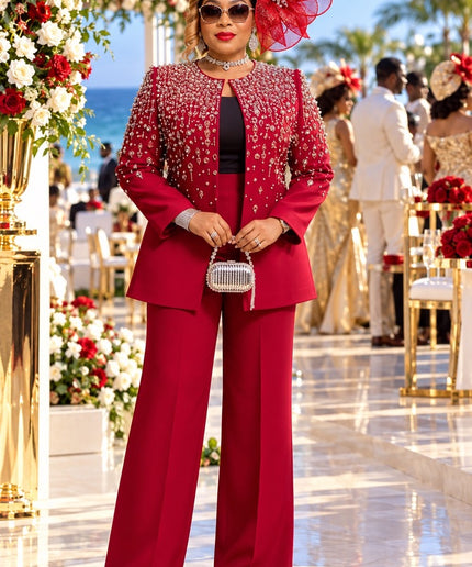 Classy White Rhinestone Embellished Suit 3-Piece Wide-Leg Pant Set, Jacket Pants Camisole: Formal Wedding Guest Holiday Cocktail Party Church Reception Anniversary Mother of The Bride