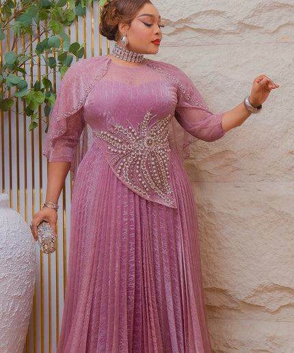 Stunning Green Crystal Rhinestone Embellished Cape Pleated A-Line Maxi Gown for Wedding Anniversary Birthday Party Mother of The Bride Plus Size