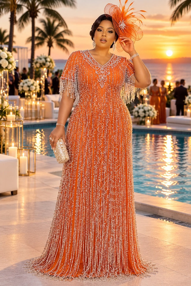 Gold Crystal Fringe Hand-Beaded Formal Evening Dress for Bridal Reception Celebrant Birthday Party Mother of The Bride Wedding Guest Anniversary Gala Prom Gown Embellished Front & Back Plus Size
