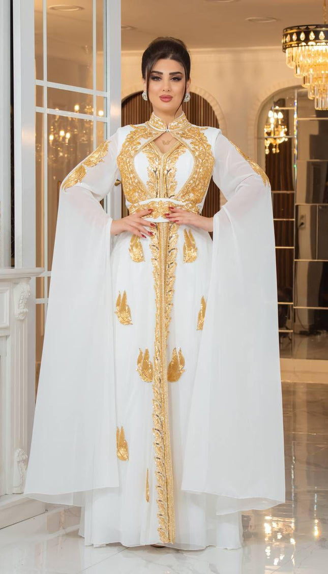 White Gold Embellished Kaftan with Draped Sleeves, Wedding Guest Dress, Plus Size Mother of The Bride Gown, Engagement Anniversary Cocktail Party Evening Wear