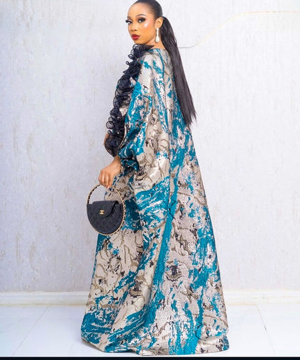 Metallic Blue Brocade Ruffle Sleeve Kaftan Maxi Dress, African Bubu Wedding Guest Attire Engagement Ceremony Birthday Dinner
