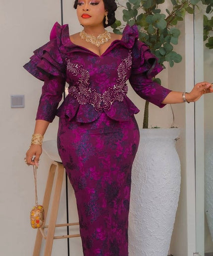 Purple Brocade Beaded Ruffle Sleeve Peplum Dress - Mother of The Bride Celebrant Birthday Party Formal Evening Outfit