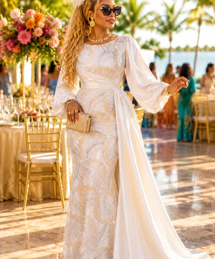 Luxury White & Gold Sequin Draped Maxi Dress for Mother of The Bride Wedding Guest Cocktail Reception Birthday Party