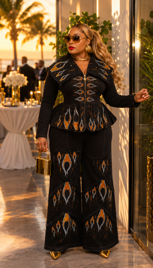 Black Denim & Diamonds 2-Piece Party Outfit, Cotton Rhinestone Bling Curvy Plus Size Peplum Stretch Jeans Peplum Top & Wide-Leg Pants Set, Birthday Photoshoot Weekend Get-Together Cocktail Dinner