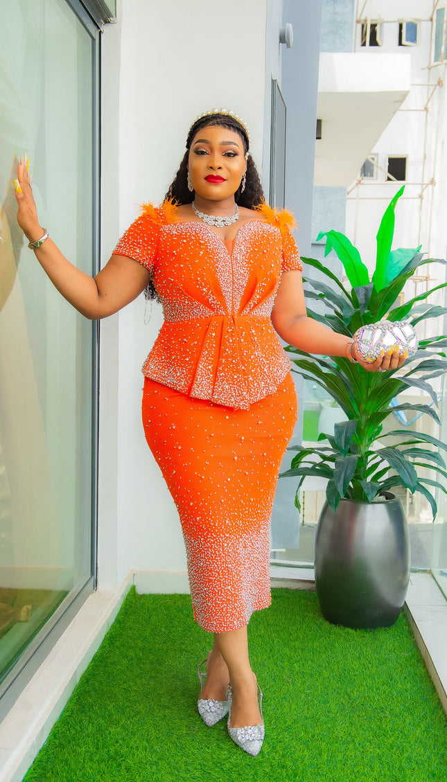 Beaded Wedding Guest Midi Dress, Curvy Mother of The Bride Outfit, Embellished Feathered Peplum Tea Length Dress, Celebrant Birthday Party Cocktail Graduation