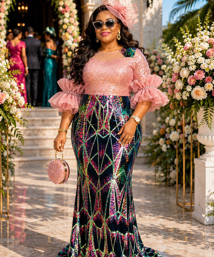 Fabulous in Pink Sequin Ruffle Maxi Dress for Wedding Guest Mother of The Bride Cocktail Reception Birthday Party Outfit Formal Evening Gown