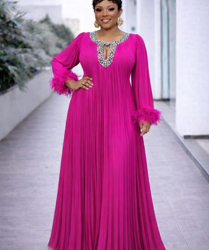 Pink Rhinestone Embellished Feathered Pleated Chiffon Twirl Skater Dress for Summer Wedding Guest Mother of The Bride Birthday Party Cocktail Gala Anniversary