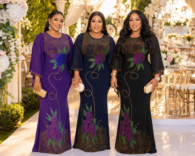Luxury Crystal-Embellished Flare Sleeve Kaftan Dress for Party Birthday Wedding Guest Mother of The Groom