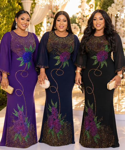 Luxury Crystal-Embellished Flare Sleeve Kaftan Dress for Party Birthday Wedding Guest Mother of The Groom