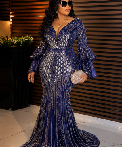 Glamorous Burgundy Crystal Embellished Ruffle Sleeve Mermaid Dress for Wedding Guest Mother of The Bride Celebrant Formal Evening Gown