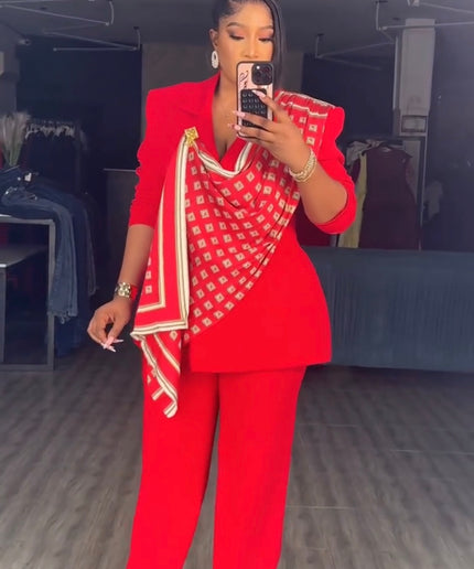 Classy Red Embellished Women's Suit 2-Piece Set, Scarf Top & Pants: Graduation Outfit Wedding Guest Sunday Service Birthday Photoshoot
