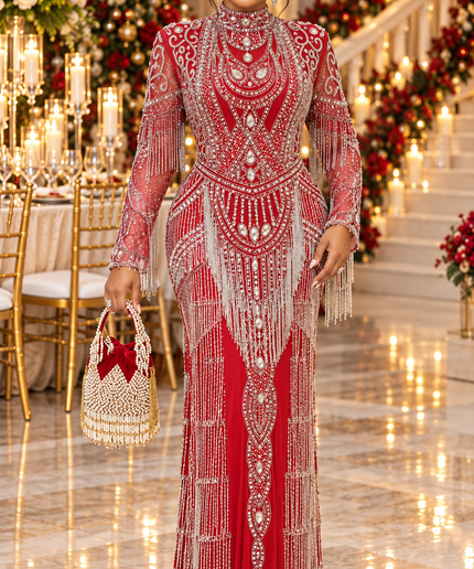 "Luxury Holiday Party Fashion" Red Hand-Embellished Crystal Beaded Fringe, Sequin & Rhinestone Formal Evening Gown for Bridal Second Dress Wedding Guest Celebrant Birthday Party Mother of The Bride Reception Cocktail Gala Plus Size