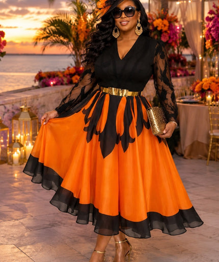 Orange Embellished Swing Twirl Skater Midi Dress for Tea Party Birthday Dinner Fall Wedding Guest Holiday Cocktail