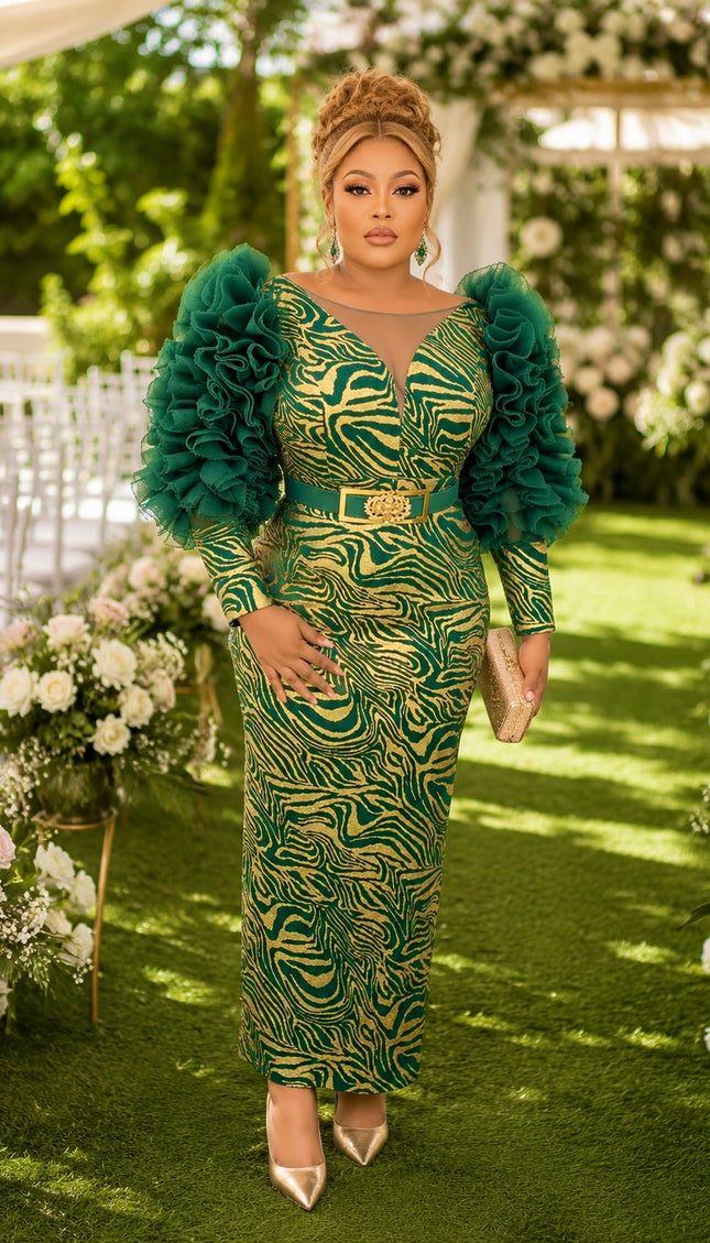 Glamorous Green Ruffle Sleeve Maxi Dress for Mother of The Bride Wedding Photoshoot Birthday Party Guest Cocktail Outfit