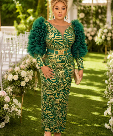 Glamorous Green Ruffle Sleeve Maxi Dress for Mother of The Bride Wedding Photoshoot Birthday Party Guest Cocktail Outfit