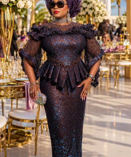 Standout Purple Sequin Embellished Ruffle Peplum Top & Skirt Set for Mother of The Bride Wedding Guest Celebrant Birthday Party Cocktail Reception Church Anniversary