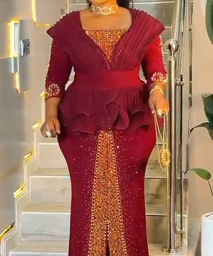 Red Rhinestone Embellished Peplum Maxi Dress - Mother of The Bride Birthday Party Guest Cocktail Dinner