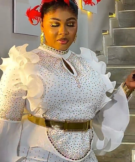 Blue Rhinestone-Embellished Ruffle Sleeve Midi Dress: Wedding Guest Birthday Cocktail Dinner