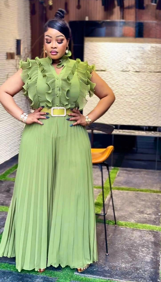 Luxury Brown Ruffle Sleeveless Twirl Pleated Jumpsuit for Birthday Party Summer Wedding Guest Dinner Cocktail Photoshoot Outfit