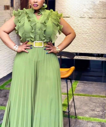 Luxury Brown Ruffle Sleeveless Twirl Pleated Jumpsuit for Birthday Party Summer Wedding Guest Dinner Cocktail Photoshoot Outfit