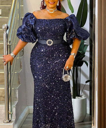 Burgundy Wine Sequin Puff Sleeve Maxi Dress for Wedding Guest Mother of The Bride