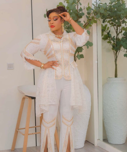 Navy Blue Rhinestone Stretch Top & Split Pants, 2-Piece Set Birthday Party Outfit Wedding Guest Anniversary Cocktail Dinner