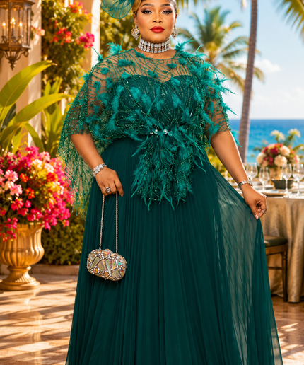 "The Showstopper" Gold Embellished Feathered Pleated Twirl A-Line Maxi Dress Floor-Length Formal Evening Gown for Mother of The Bride Wedding Guest Bridal Dinner Celebrant Birthday Party Engagement Ceremony Holiday Photoshoot