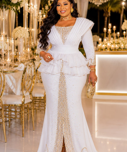 Classy White Rhinestone Structured Shoulder Ruffle Peplum Stretch Maxi Dress - Mother of The Bride Birthday Party Cocktail Reception Summer Wedding Guest Outfit Plus Size Formal Evening Gown