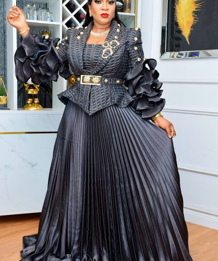 Statement Champagne Gold Ruffle Sleeve Top and Sunburst Pleated A-Line Skirt, Matching 2-Piece Outfit Set
