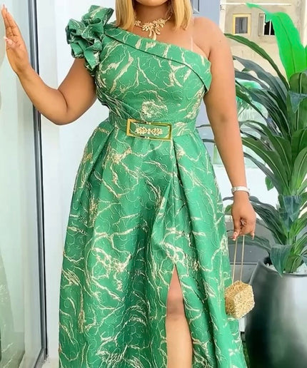 One Shoulder Brocade A-Line Gown with 3D Flower  - Wedding Guest Dress Mother of The Bride Photoshoot