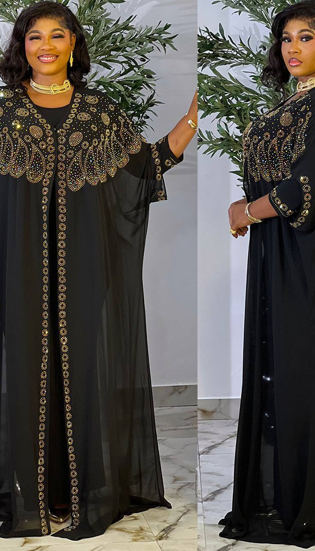 Sparkly Black Embellished Kaftan 2-Piece Dress for Black Tie Attire Formal Evening Gown Wedding Guest