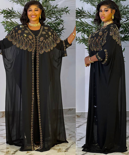 Sparkly Black Embellished Kaftan 2-Piece Dress for Black Tie Attire Formal Evening Gown Wedding Guest