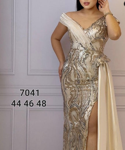Off-The-Shoulder Sequin Side Drape Maxi Dress | Wedding Guest Bridal Photoshoot Mother of The Bride Birthday Celebration
