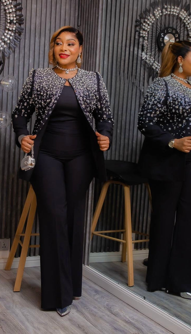 Black Embellished 3-Piece Suit Set, Jacket Camisole Pants: Wedding Guest Graduation Anniversary Engagement Ceremony Mother of The Bride or Groom