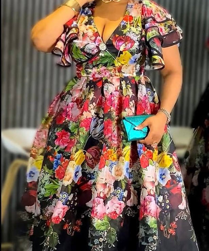 Pink Floral Flutter Sleeve A-Line Wrap Dress for Wedding Guest Birthday Dinner Reception Graduation Party