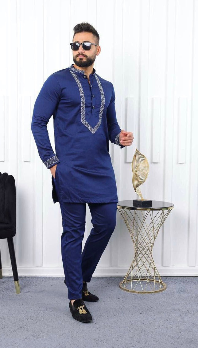 White African Men's Clothing Embellished Embroidery Shirt Pants Cotton