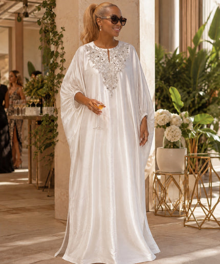 White Beaded Embroidery Kaftan Maxi Dress, African Bubu Gown Wedding Guest Attire Engagement Ceremony Celebrant Birthday Party Mother of The Groom