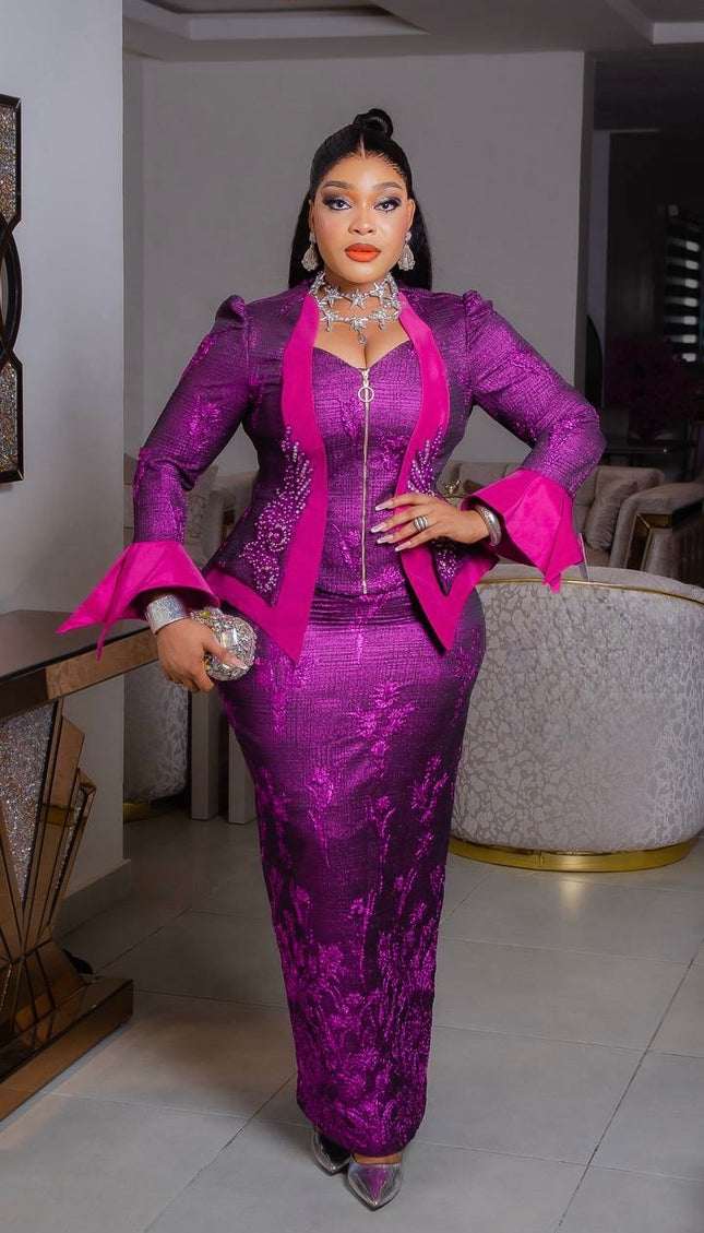 Standout Purple Brocade Embellished Split Bell Sleeve Skirt Suit for Mother of The Bride Wedding Birthday Party 2-Piece Outfit