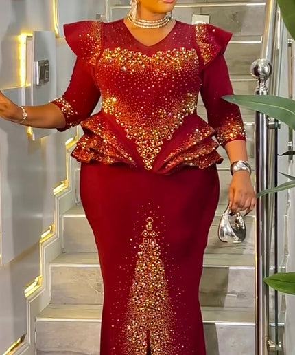 Sparkly Black Rhinestone Embellished Peplum Maxi Dress: Mother of The Bride Wedding Guest Birthday Party Cocktail