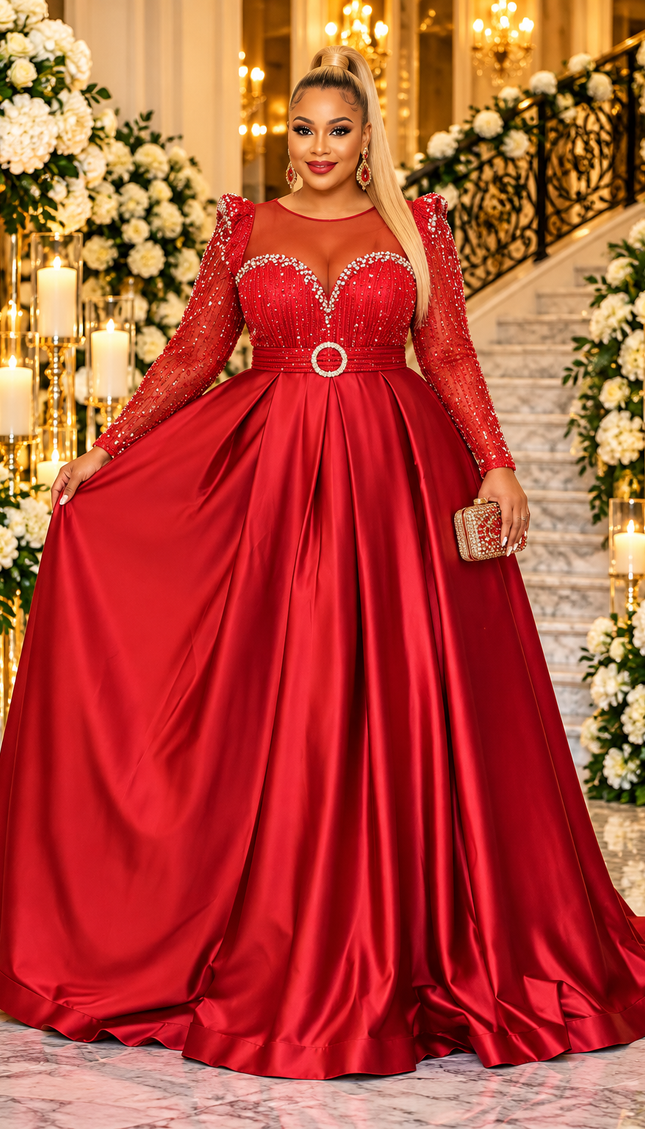 "The Grand Entrance" Green Embellished Long Sleeve Pleated Formal Gown for Mother of The Bride Church Reception Wedding Guest Holiday Party Cocktail