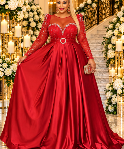 "Holiday Photoshoot Dress" Red Embellished Long Sleeve Pleated Formal Gown for Mother of The Bride Church Reception Wedding Guest Party Cocktail
