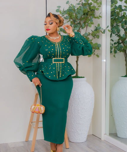 Gold Puff Sleeve Embellished Peplum Top and Skirt - Wedding Guest Birthday Dinner Mother of The Bride