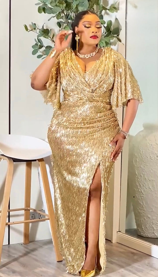 Gold Sequin Fringe Maxi Dress with Slit for Wedding Guest Birthday Party Mother of The Bride Photoshoot