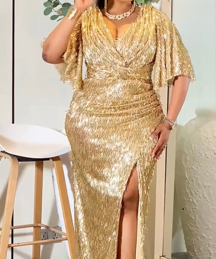 Gold Sequin Fringe Maxi Dress with Slit for Wedding Guest Birthday Party Mother of The Bride Photoshoot