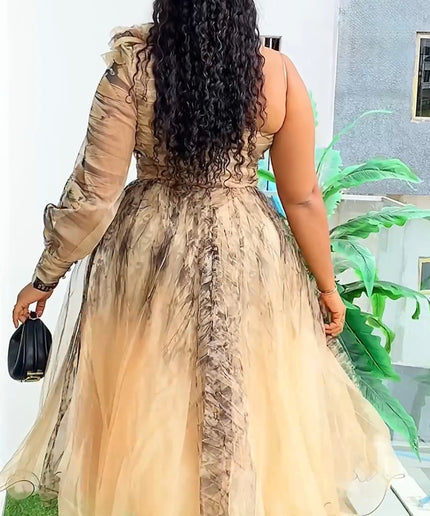 One Shoulder Gold Summer Wedding Guest Dress, Curvy Mother of The Bride A Line Dress Rosette Tea Length Twirl Midi, Plus Size Party Cocktail Gala