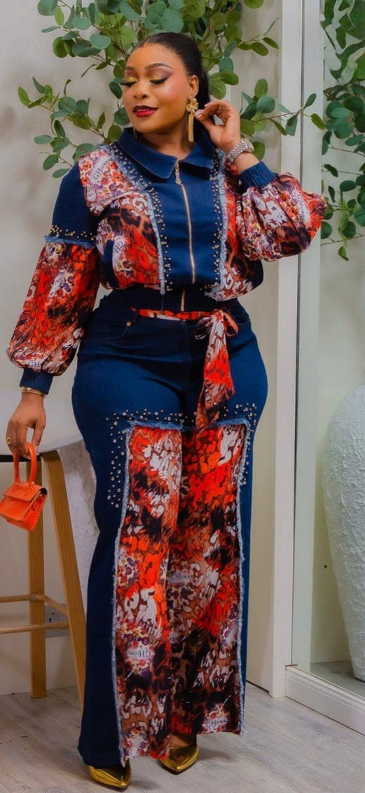 Dramatic Denim & Diamonds 2-Piece Set, Rhinestone Stretch Curvy Cotton Jeans, Birthday Party Dinner Outfit